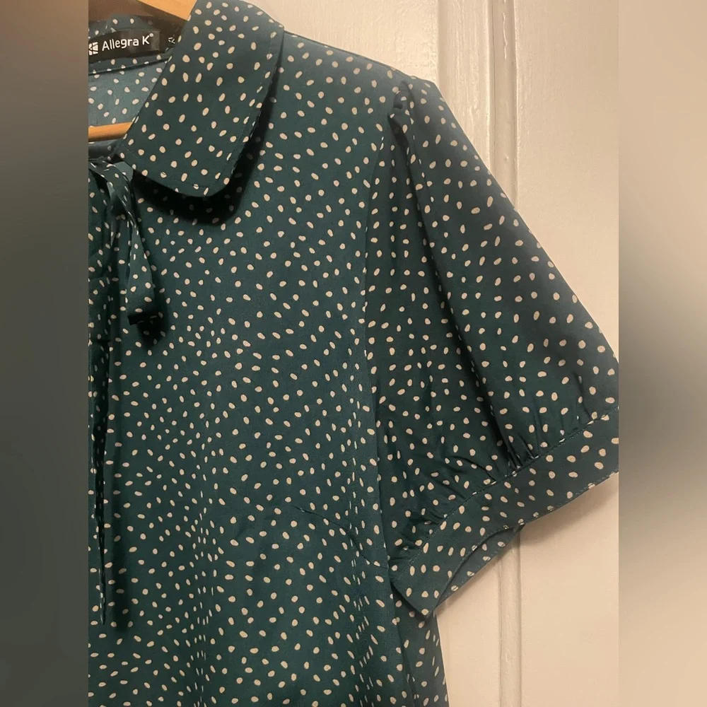 NWT Allegra K Teal and White Polka Dot Blouse - Picture 1 of 14